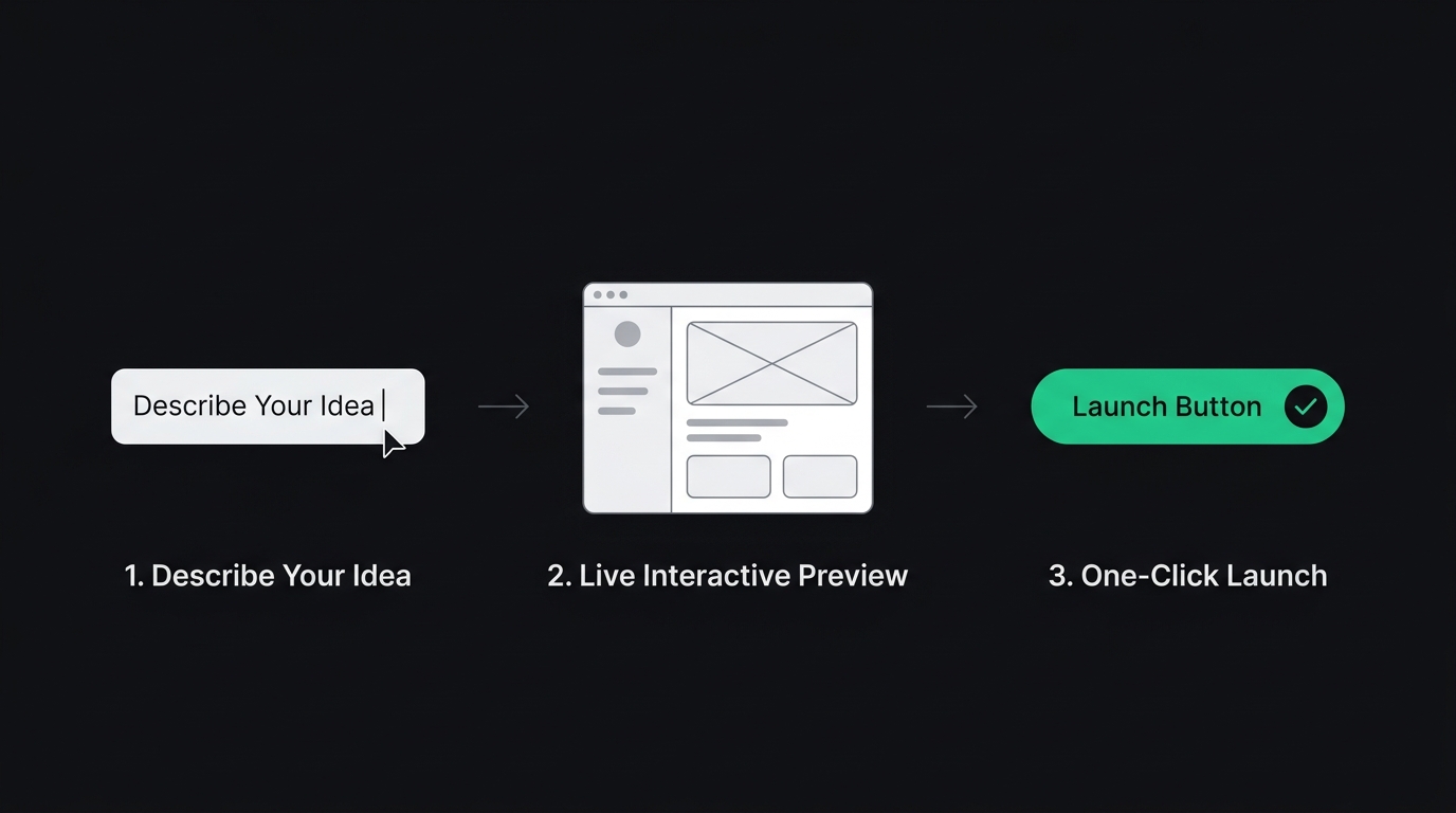 3-Step Workflow: Describe Idea, Live Interactive Preview, One-Click Launch