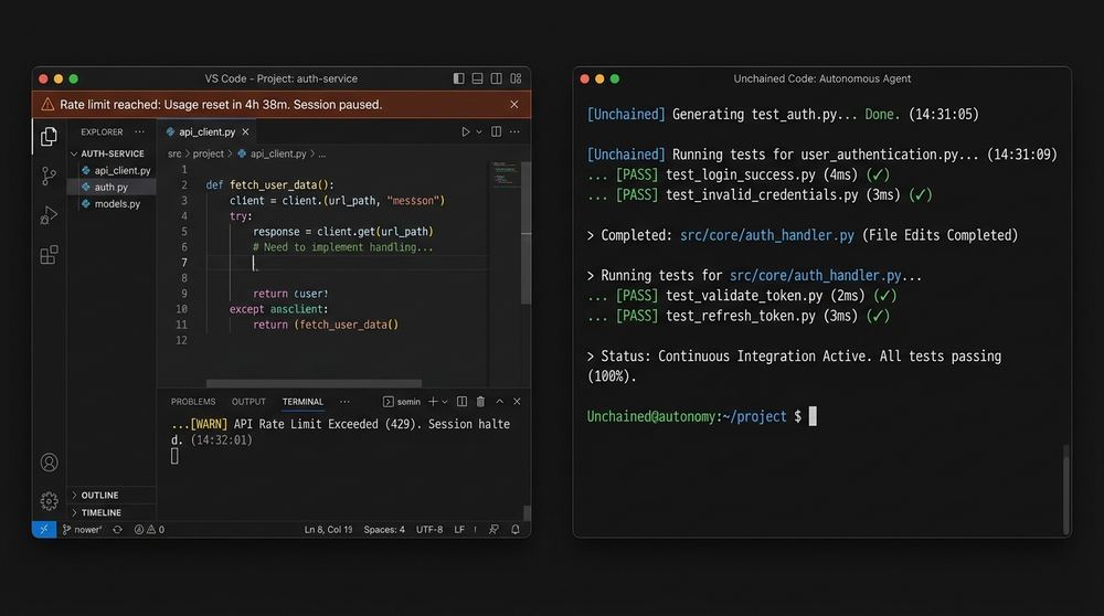 Side-by-side comparison: Rate limit timeout lockouts vs Unchained continuous autonomous coding